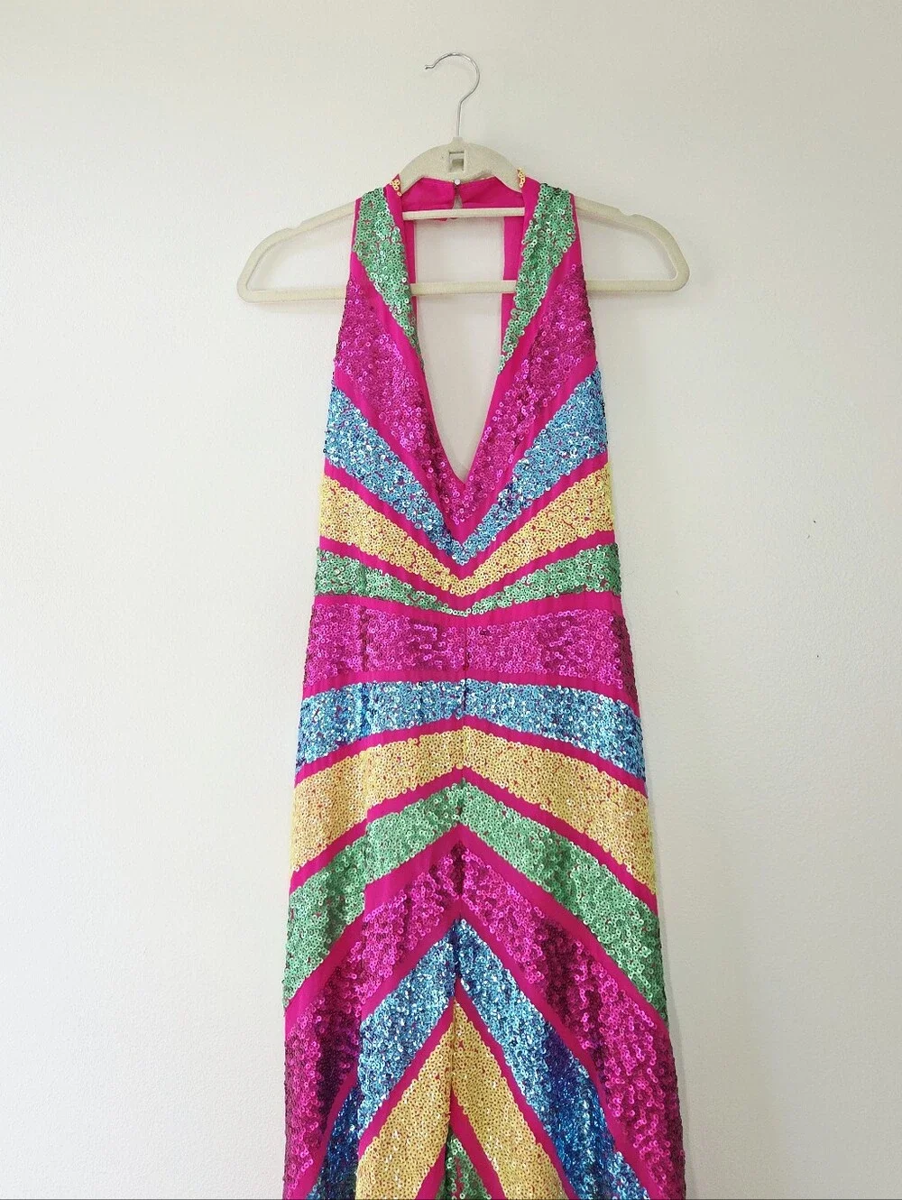 Nasty Gal Sequin Colorblock Plunge Wide Leg Jumpsuit Size 8 - Picture 4 of 5